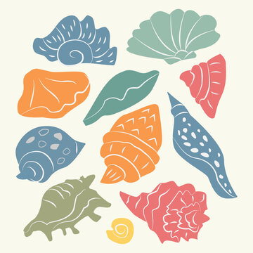 Hand drawn illustration under the water life. Set of sea shells. Molusk different forms. Orange, Blue, Pink, Gray-green.