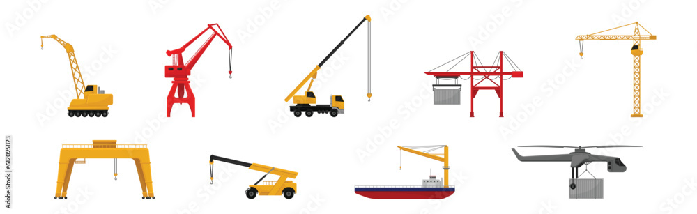 Poster different crane as construction machine with hoist rope for lifting heavy object vector set