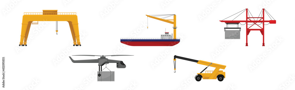 Poster different crane as construction machine with hoist rope for lifting heavy object vector set