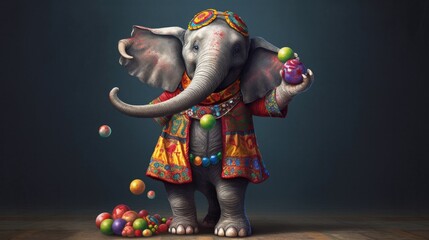 A goofy elephant dressed as a circus clown, juggling colorful balls and wearing oversized shoes, bringing laughter to the audience. Generative AI. - obrazy, fototapety, plakaty