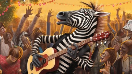 Fototapeta na wymiar A whimsical zebra dressed as a rockstar, wearing a leather jacket and strumming an imaginary guitar, performing for an adoring crowd. Generative AI. 