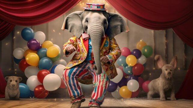 A goofy elephant dressed as a circus clown, juggling colorful balls and wearing oversized shoes, bringing laughter to the audience. Generative AI.