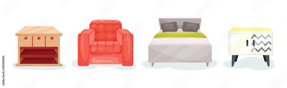 Canvas Prints Upholstered Armchair, Bed and Wooden Cabinet as Furniture Items Vector Set