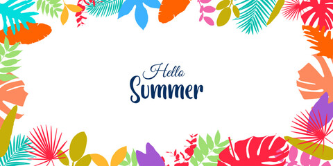 Hello summer background with tropical plants and leaf decoration