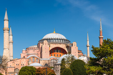 Fototapeta na wymiar Hagia Sophia cathedral against the blue sky in Istanbul, Turkey. 