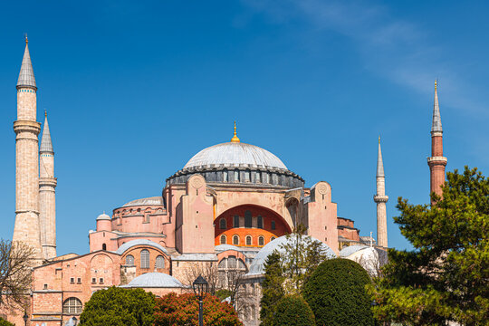 Hagia Sophia cathedral against the blue sky in Istanbul, Turkey. 