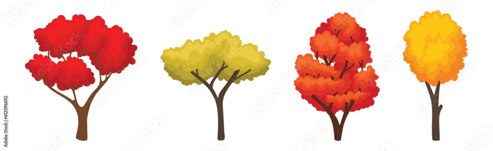 Poster bright colorful autumn trees with vivid crown and trunk vector set