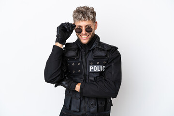 SWAT caucasian man isolated on white background with glasses and happy