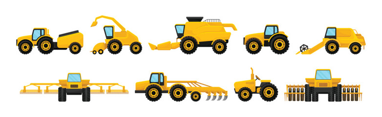 Naklejka premium Different Agriculture Machinery and Industrial Farm Equipment Vector Set