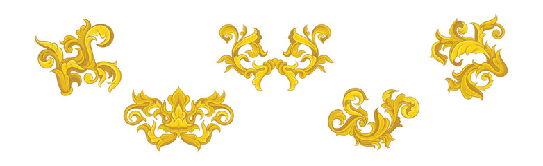Golden Monograms and Baroque Swirl Element with Floral Ornament Vector Set