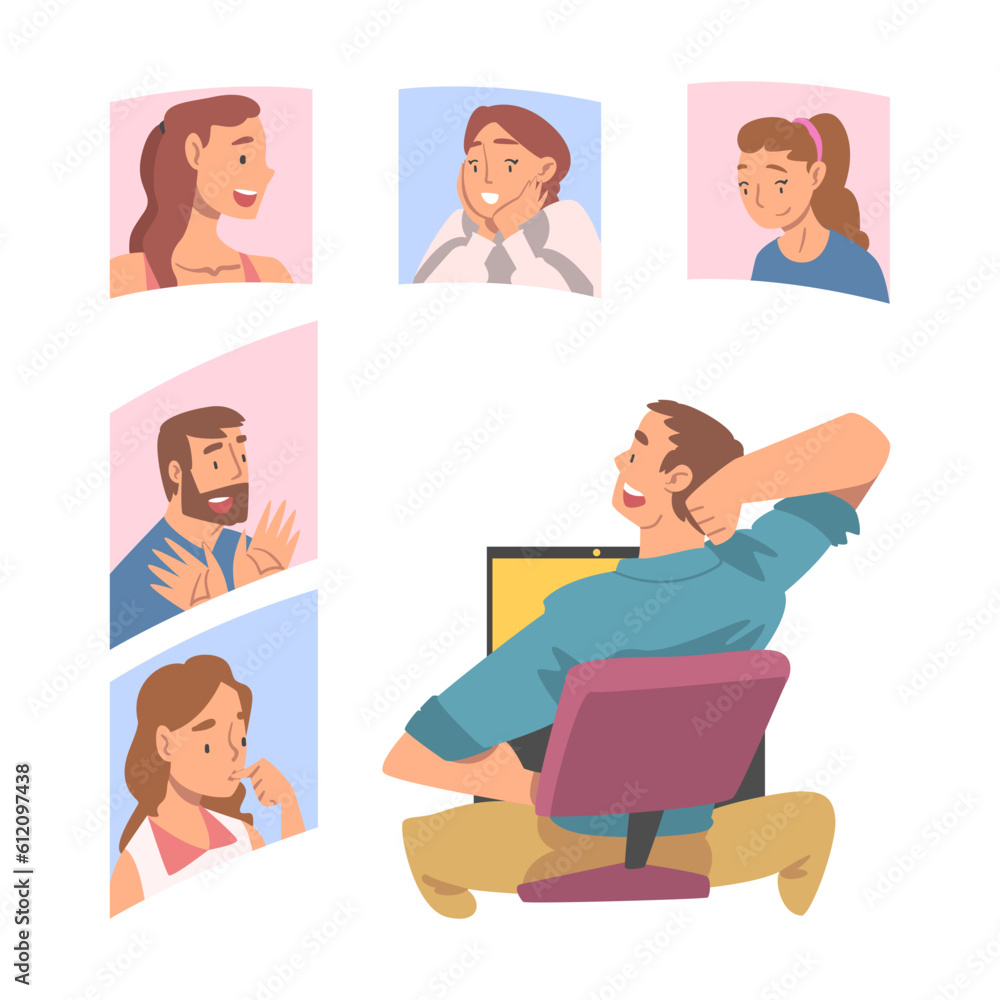 Poster videoconference and web meeting with people characters engaged in online communication in real time 