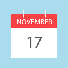 Calendar icon. November calendar. Calendar to tear off every day. Vector illustration in flat style. Isolated on a light blue background.