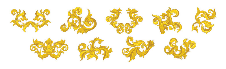 Golden Monograms and Baroque Swirl Element with Floral Ornament Vector Set