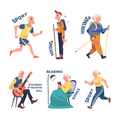 Fototapeta na wymiar Alzheimer Prevention with Elderly Man and Woman Doing Different Activity Vector Illustration Set