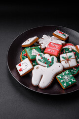 Delicious fresh colorful Christmas or New Year gingerbread cookies