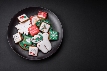 Delicious fresh colorful Christmas or New Year gingerbread cookies