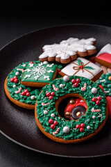 Delicious fresh colorful Christmas or New Year gingerbread cookies