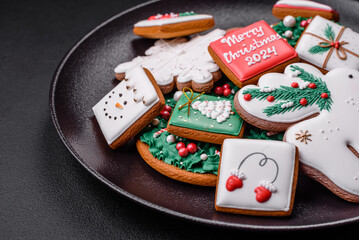 Delicious fresh colorful Christmas or New Year gingerbread cookies