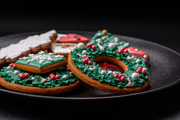 Delicious fresh colorful Christmas or New Year gingerbread cookies