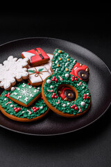 Delicious fresh colorful Christmas or New Year gingerbread cookies