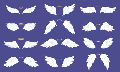 Cartoon angel flat wings. Wing angels and sparkle nimbus. Cute shining holy heaven elements. Simple fly bird symbols, snugly vector graphic
