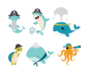 Cute Sea Animal and Underwater Creature Vector Illustration Set