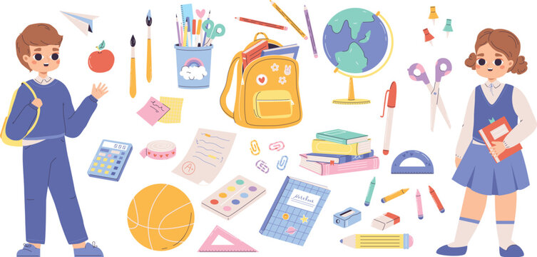 Study collection, back to school elements. Cute cartoon kid, stationery and backpack. Isolated paint brushes, pencils and pen. Education snugly vector set