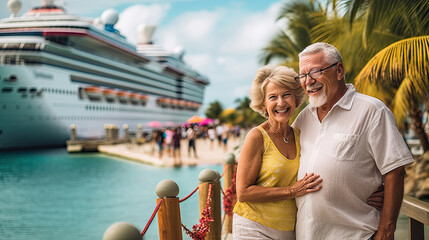 Married couple of American pensioners spend time on a tropical cruise on a huge liner, Summer vacation Generative AI - obrazy, fototapety, plakaty