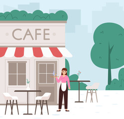 Cartoon girl waiter stand at door street summer cafe. Restaurant or bar exterior, tables and chairs. Food, eating place in park, vector outdoor scene