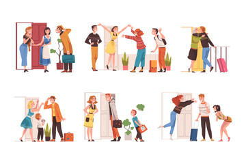 Fototapeta premium Happy People Character Coming Back and Returning Home Standing Near Open Door with Relatives Welcoming Them Vector Set