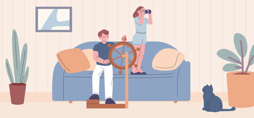 Marine adventures children game at home. Girl looking through binocular, boy at the helm and cute cat playing in living room, vector scene