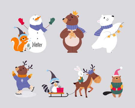 Cute Animal Enjoying Winter Season Vector Illustration Set