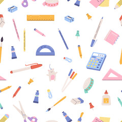 Cartoon school tools and stationery seamless pattern. Calculator, pen and pencil. Color paint brushes, rulers and eraser. Learning vector print template