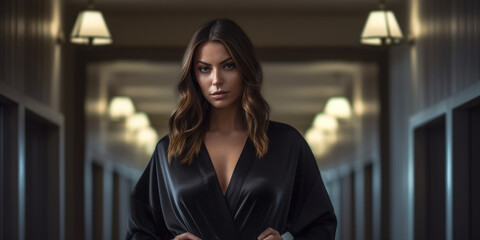 Seductive beautiful brunette in a black satin robe standing in a hallway - obrazy, fototapety, plakaty