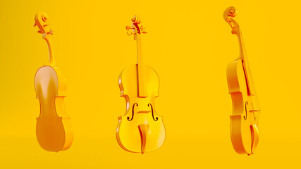 set of classic yellow violin isolated on colored background, 3D render © mustapha