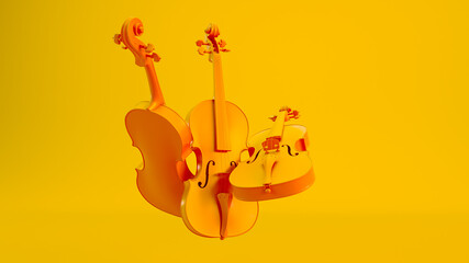classic yellow violins isolated on colored background, 3D render