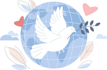Piece concept with white pigeon with olive branch. Flying dove hold plant, giant earth planet. Save the world, friendship and kindness vector symbol