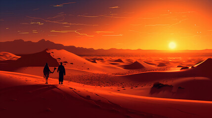 Fototapeta na wymiar Desert landscape at sunset, with towering sand dunes casting long shadows, a lone camel caravan. Generative ai.