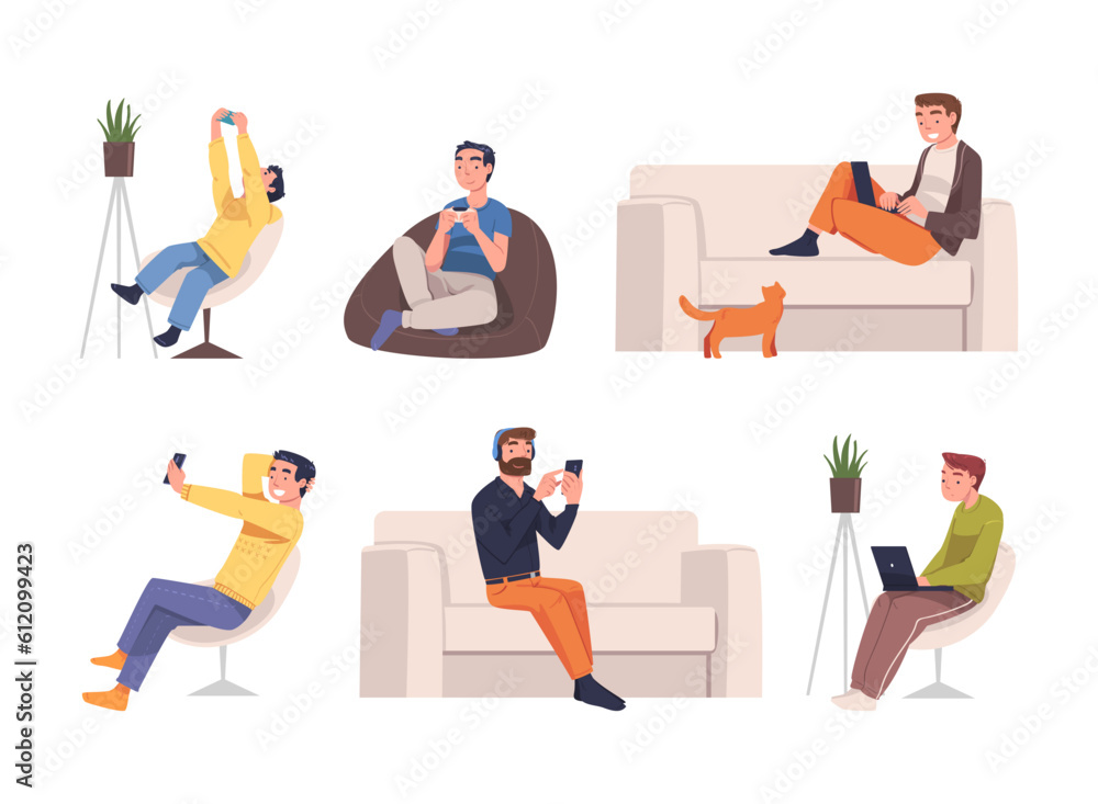 Aufkleber people character with digital device suffering from internet addiction vector set