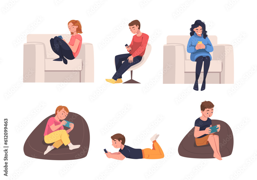 Poster people character with digital device suffering from internet addiction vector set