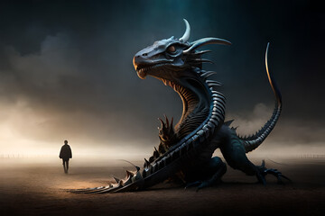 Fantasy evil dragon portrait. Surreal artwork of danger dragon from medieval mythology
