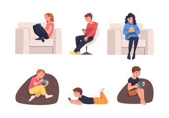People Character with Digital Device Suffering from Internet Addiction Vector Set