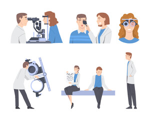 Ophthalmology with Health Care Professional Engaged in Eye Examination and Sight Test Vector Set