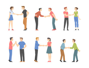 People Character Shaking Hand as Brief Greeting or Parting Tradition Vector Set - obrazy, fototapety, plakaty