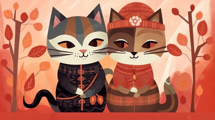 illustration cat couple sitting together in garden, Generative Ai