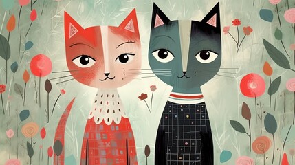 illustration cat couple sitting together in garden, Generative Ai