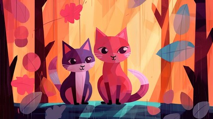 Fototapeta premium illustration cat couple sitting together in garden, Generative Ai