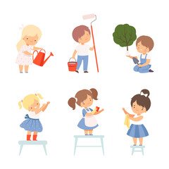 Little Boy and Girl Taking Care of Planet Earth Vector Illustration Set