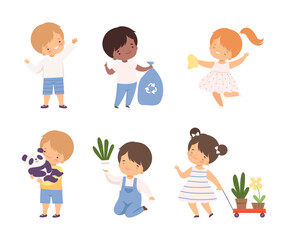 Little Boy and Girl Taking Care of Planet Earth Vector Illustration Set