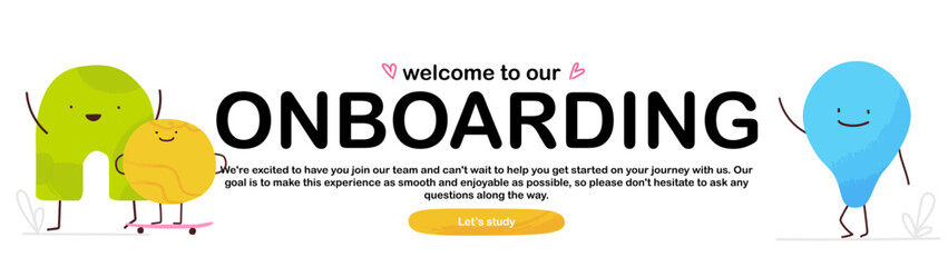 Banner Welcome to Onboarding. Illustration with funny characters - geometric shapes. Vector business illustration - obrazy, fototapety, plakaty